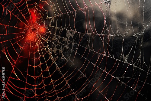Close-up of a spider's web on a dark background in the light of a red lantern. Halloween theme.