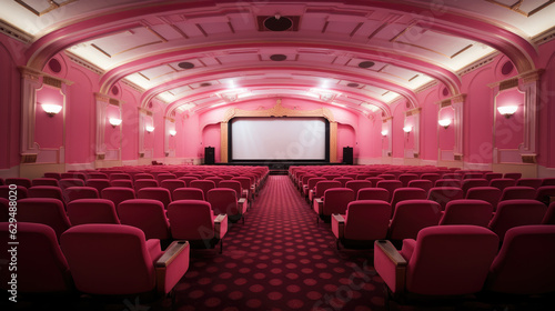 Empty pink cinema hall. View of empty cinema screen with rpink chairs.
