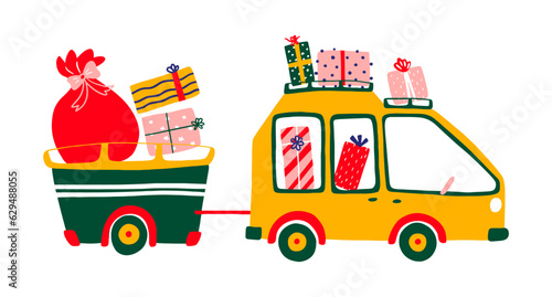 Noel postcard with retro cartoon minivan with trailer. Car with sack, shopping and gifts for Christmas. Vector illustration for card, cover, t shirt, bag.