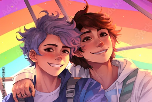 Illustration in anime style of two hugging guys on a bright rainbow background.