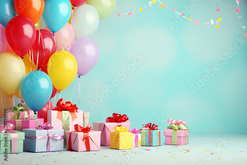 Foto Colorful child birthday card with balloons and gifts, with space for text