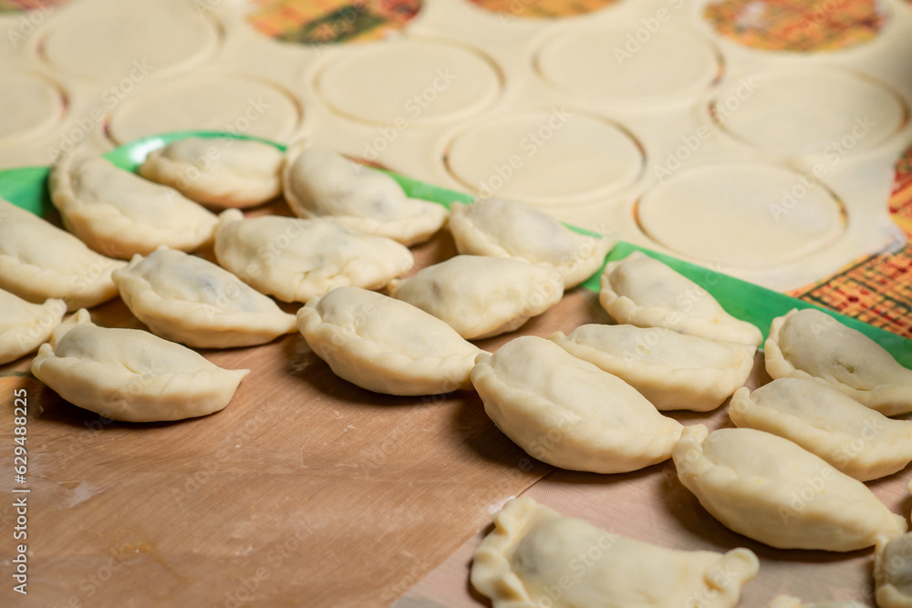 Homemade dumplings cobbled together by hand on paper. Sculpting dumplings in kitchen. Homemade dumplings cobbled together by hand on paper. Sculpting dumplings in kitchen.