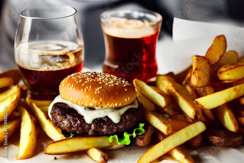Ultimate beef burger, french fries, and soda drink served on white table, closeup