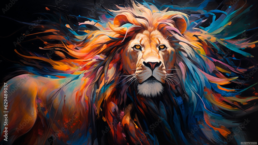 lion head in colorful abstract art background. Generative AI