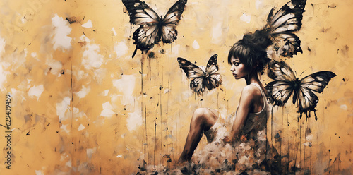 illustrazione a tema naturale astratto, farfalle su sfondo giallo, ritratto di figura femminile, olio su tavola

 photo