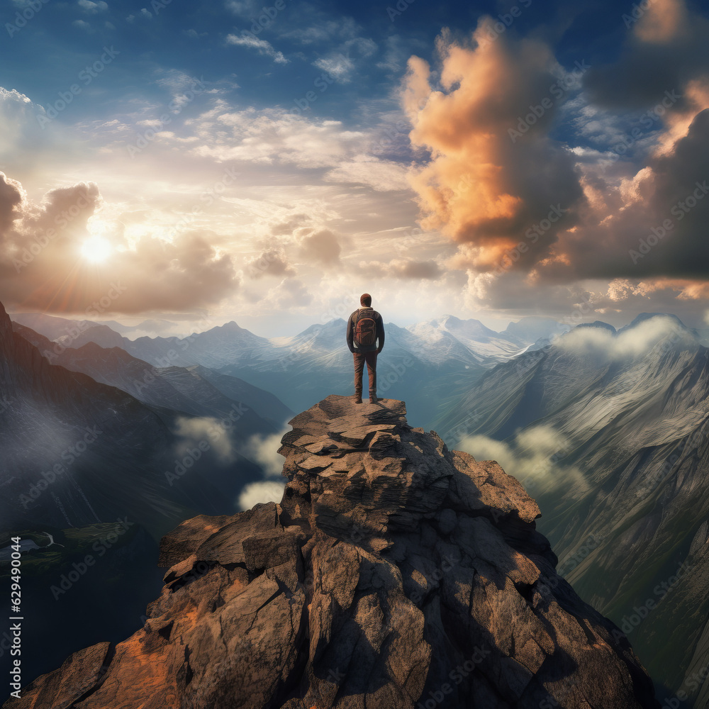 Adventurous man standing on top of mountain cliff