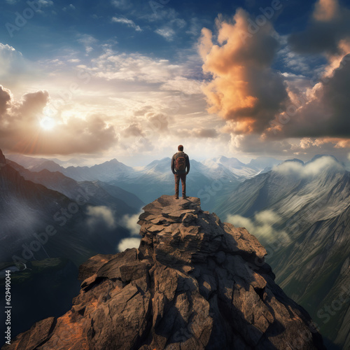 Adventurous man standing on top of mountain cliff © Guido Amrein