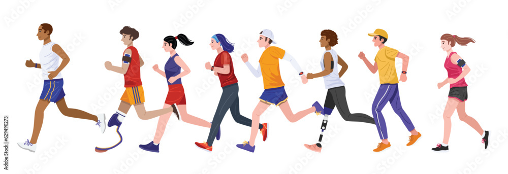 Flat design style. Group of healthy young people and disabled people jogging together. Vector