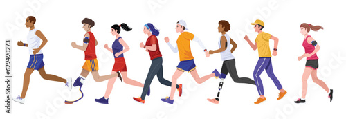 Flat design style. Group of healthy young people and disabled people jogging together. Vector