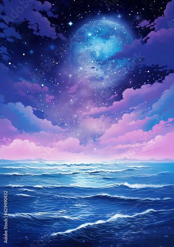 Fantasy night sky and sea illustration