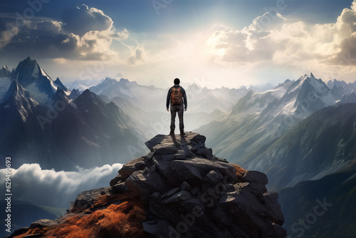 Adventurous man standing on top of mountain cliff