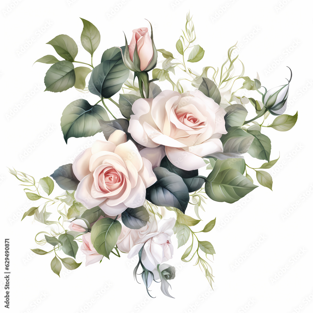  illustration watercolours on white background of white roses flowers vine in off with leaves around artistic dynamic arrangement, clip art 