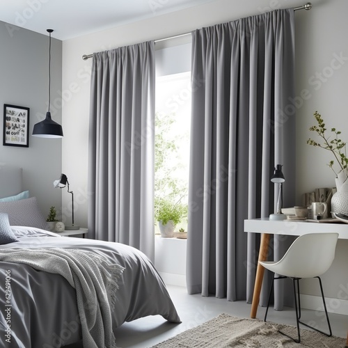 Modern bedroom, miminal interior design, window with simple curtains