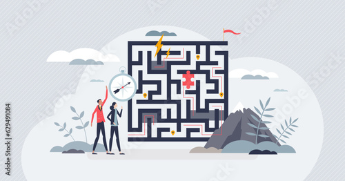 Strategic planning for direction and problem solving tiny person concept. Company vision and target with project obstacles and difficulties vector illustration. Puzzle and maze as business challenge.