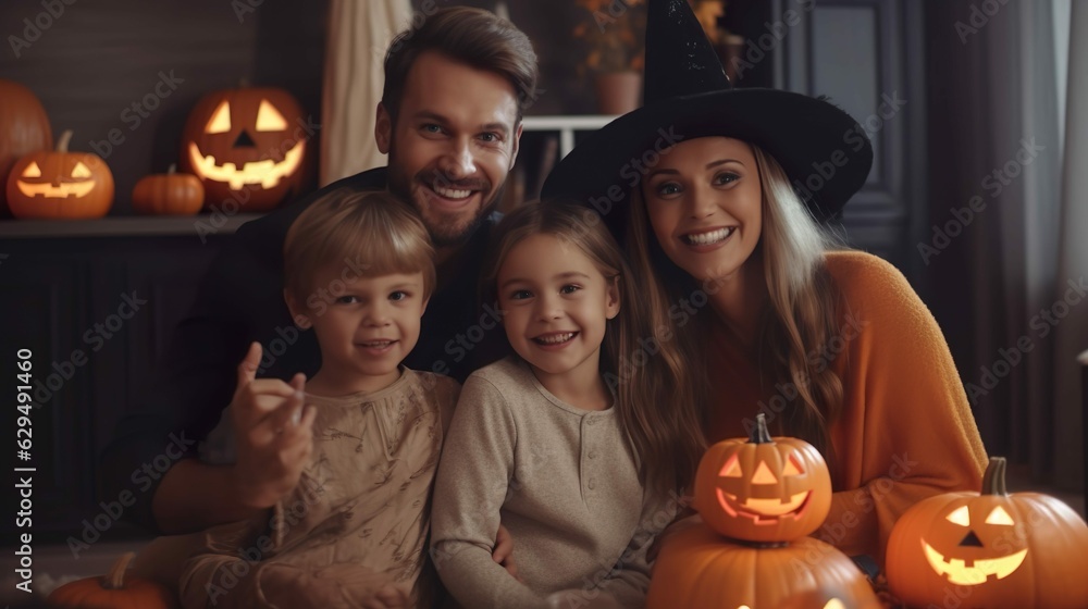 Happy Family mother father and children celebrating Halloween party at home made with generative ai technology Happy Family mother father and children celebrating Halloween party at home made with generative ai technology