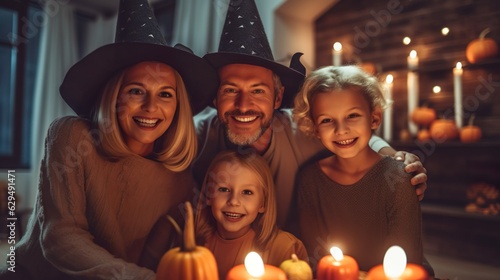 Happy Family mother father and children celebrating Halloween party at home made with generative ai technology