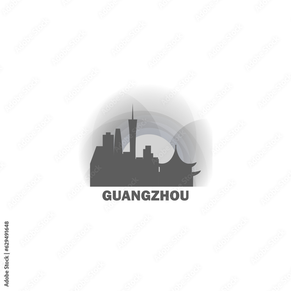 China Guangzhou cityscape skyline city panorama vector flat modern logo icon. Asian region emblem idea with landmarks and building silhouettes at sunrise sunset