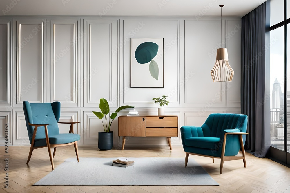 Fototapeta premium Stylish scandinavian living room interior of modern apartment with wooden commode, design armchair, carpet, leaf in vase, table lamp and personal accessories in unique home decor. Template.