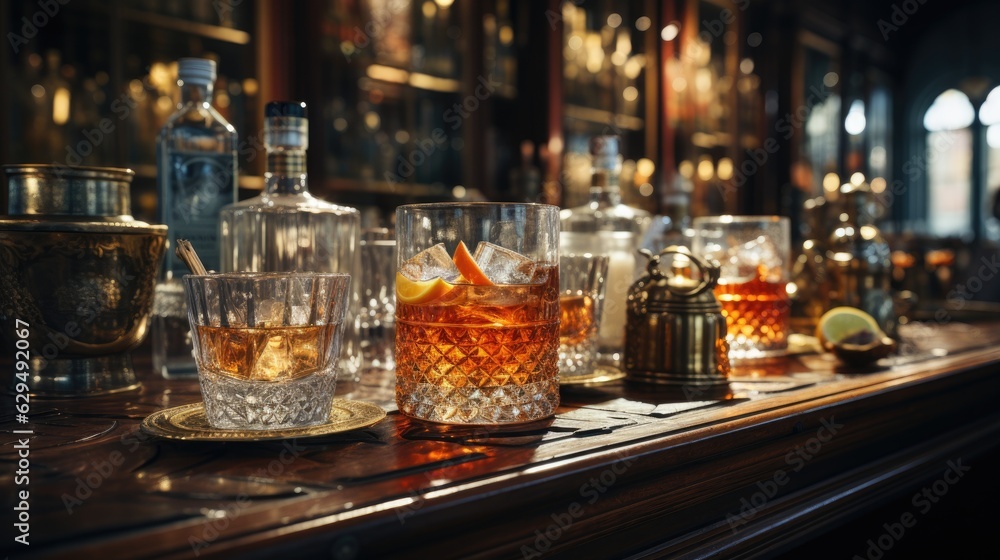 Bar cocktails Old fashioned negroni with orange on counter.Cocktail close up in a bar setting. Blurred people in the background. Selective focus on the icy drink and glass. Bar cocktails Old fashioned negroni with orange on counter.Cocktail close up in a bar setting. Blurred people in the background. Selective focus on the icy drink and glass.