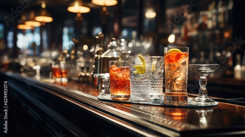 Bar cocktails Old fashioned negroni with orange on counter.Cocktail close up in a bar setting. Blurred people in the background. Selective focus on the icy drink and glass.