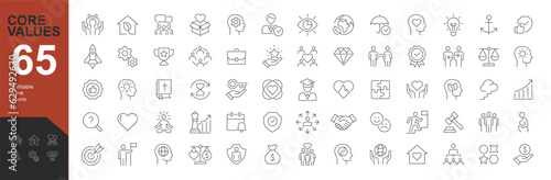 Core Values Line editable icons set. Vector illustration in modern thin line style of Core Values icons: integrity, innovation, growth, goal, trust, family, passion, ethic, education, profession.