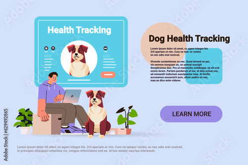 guy owner using pet app on laptop cute dogs best friends domestic animals health tracking application concept