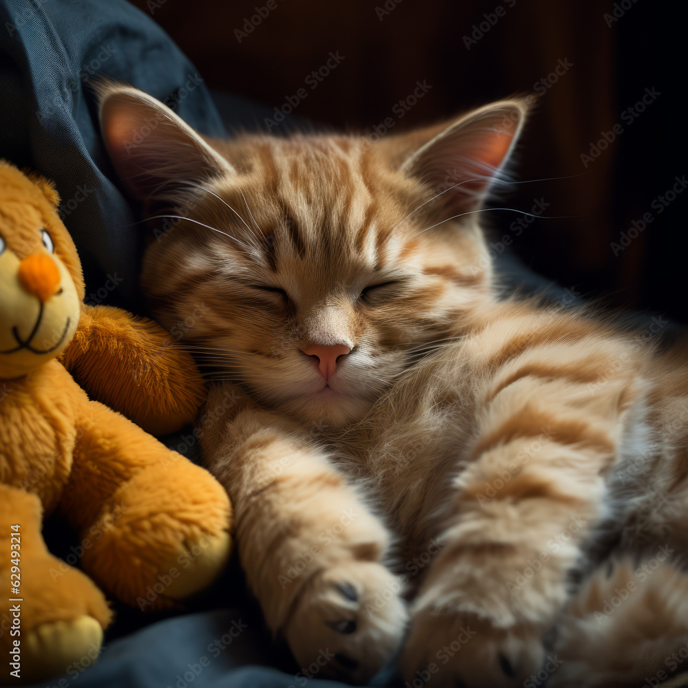 A cozy cat sleeps sweetly with a teddy bear A cozy cat sleeps sweetly with a teddy bear