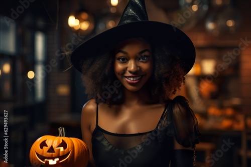 African girl dressed in Halloween costume with pumpkins made with generative ai technology 