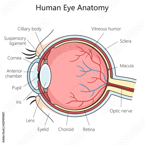 Human eye structure scheme diagram schematic vector illustration. Medical science educational illustration