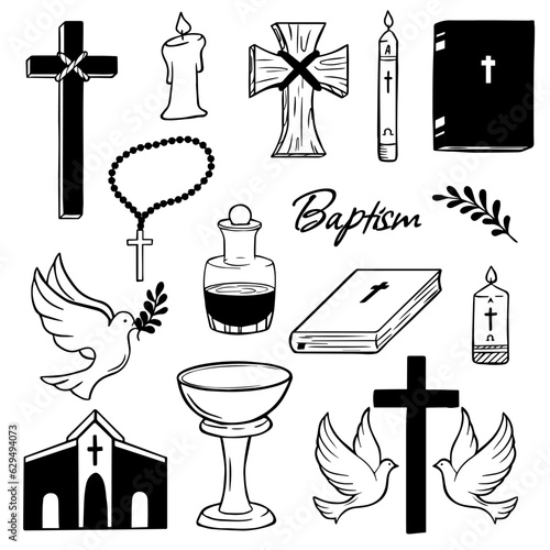 Black set of baptism related icons. Christian religion icons