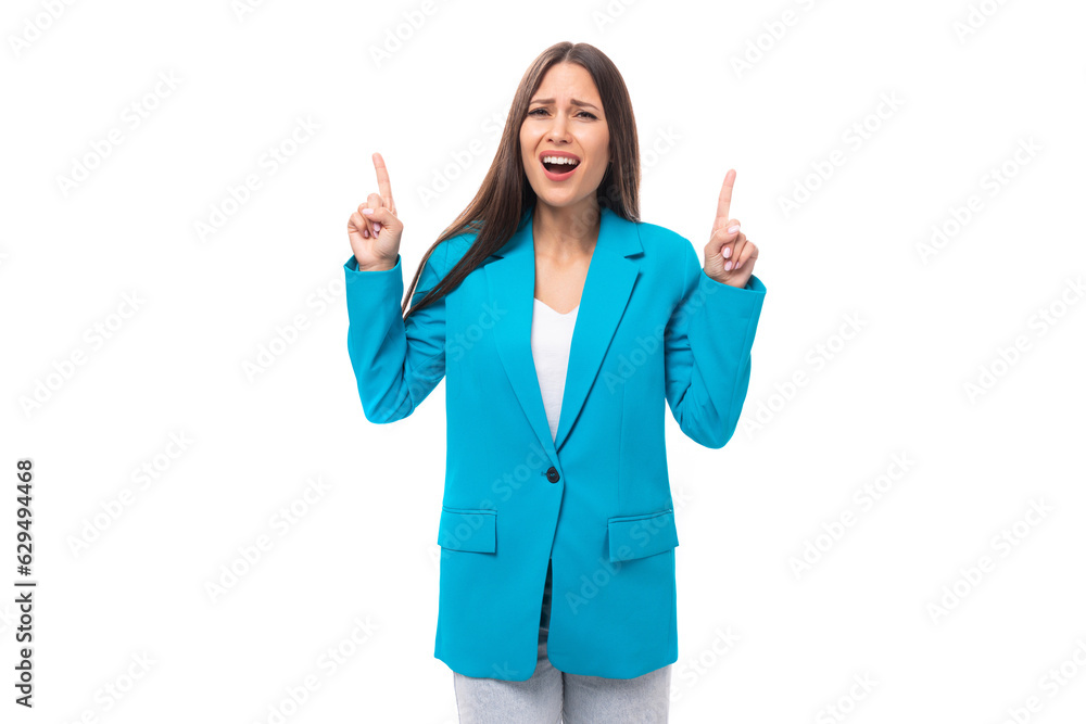 young excited pretty brunette leader woman with long hair dressed in business bow talks about work young excited pretty brunette leader woman with long hair dressed in business bow talks about work