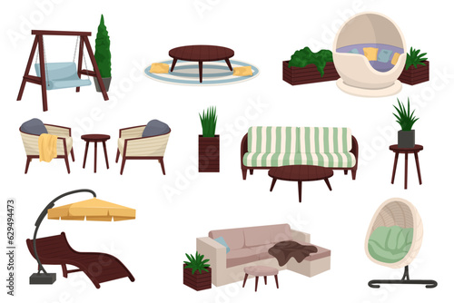 Garden outdoor furniture set. Set of Outdoor, porch zone, garden furniture with potted plants illustration