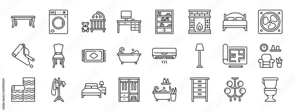 set of 24 outline web interior design icons such as table, washing hine ...