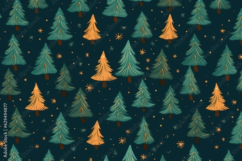 Obraz premium Christmas trees pattern in yellow green colors for design of greeting card, invitation,banner, web, wrapping paper. Generative Ai