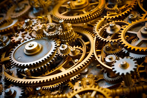 Close up of bunch of gears on table with clock in the background.