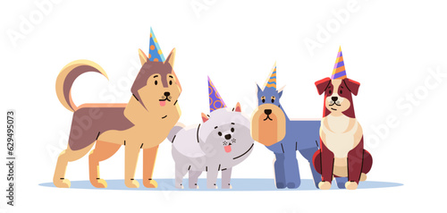 Happy national dog day greeting card cute doggy posing in party hats holiday of domestic animals concept horizontal
