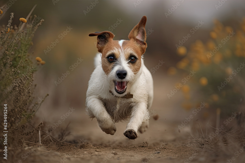 Cute little dog Jack Russell Running on pathway among beautiful green meadow with yellow flowers is happily running towards camera Cute little dog Jack Russell Running on pathway among beautiful green meadow with yellow flowers is happily running towards camera