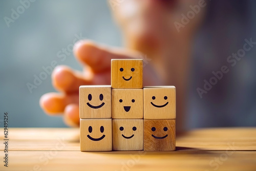 Wooden block with smiley faces on it and person's hand in the background.