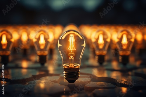 Light bulb glowing among other Lightbulbs - Idea and Innovation - AI Generated