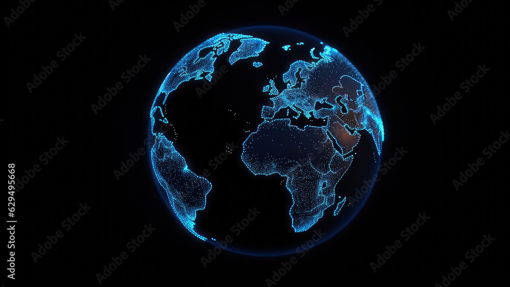3d World map network connection glowing polygonal triangle neon lines on dark black background. World connection futuristic concept, website landing page template design. Generative AI - obrazy, fototapety, plakaty 