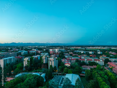 Drone photography at sunset city of San Donato Milanese, Milan, Italy
