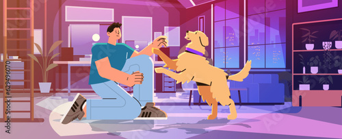 man pet owner training cute dog best friends domestic animal concept modern living room interior horizontal