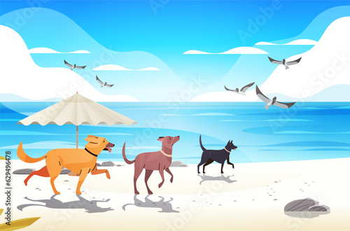 Happy national dog day greeting card various cute doggy relaxing on beach holiday of domestic animals concept seascape