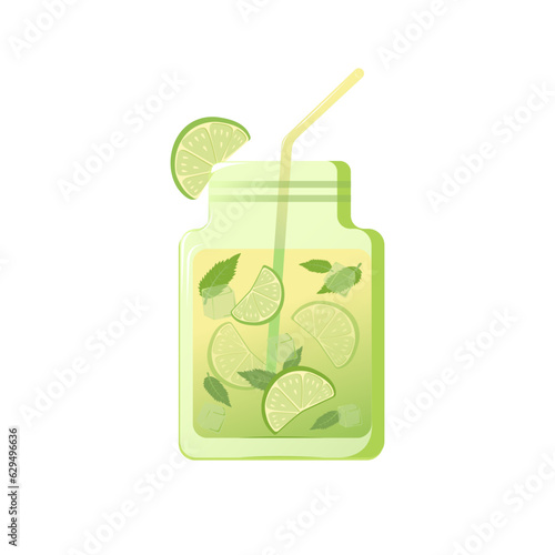 Green cocktail with lime. Mojito. Vector food, drink illustration.