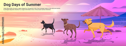 Happy national dog day greeting card various cute doggy relaxing on beach holiday of domestic animals concept seascape