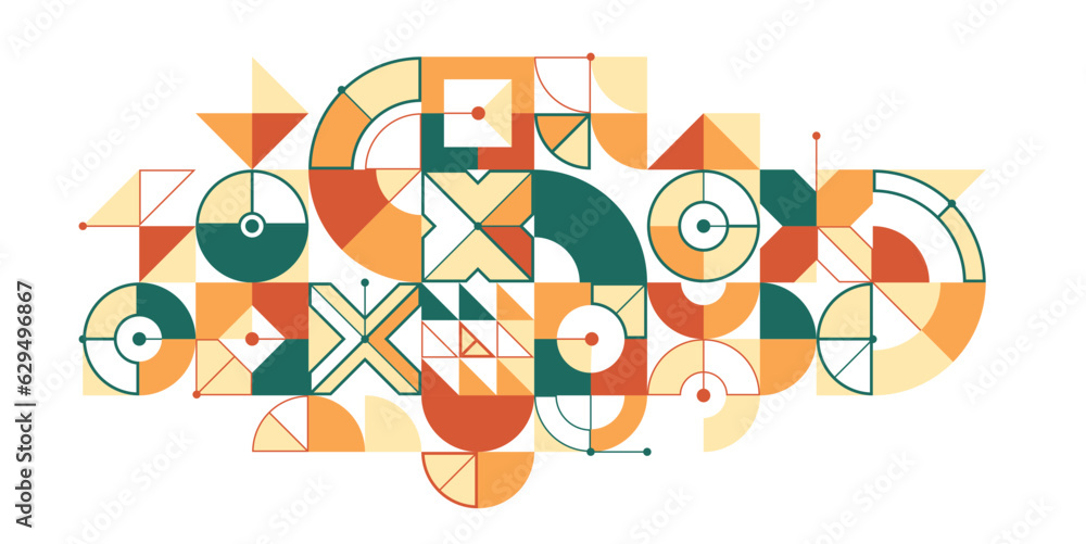 Abstract geometric artistic vector background in ethnic colors, Bauhaus style wallpaper with circles triangles and lines, pattern artwork geometrical abstraction.