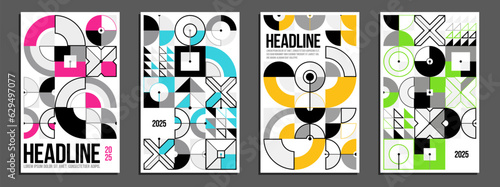 Abstract geometric posters and covers set, vector background pattern magazine or catalog templates, technic style geometric shapes composition.