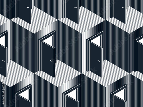 Doors seamless vector background, surreal 3D dimensional interior theme.