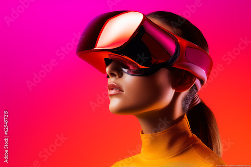 Woman in yellow shirt wearing red pair of goggles on her head. © valentyn640