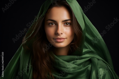 Pakistani Woman Wrapped in Green Dress: Joyful Studio Portrait, Ai Generative